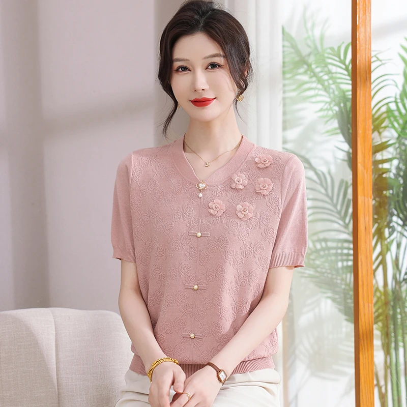 母亲节妈妈夏装冰丝短袖T恤圆领洋气上衣中老年女装时尚提花小衫