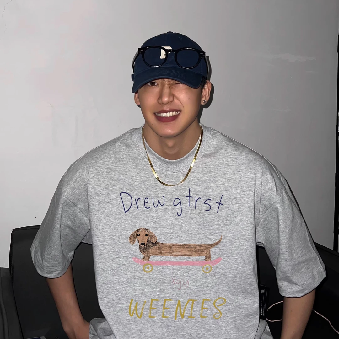 HIP潮牌夏季趣味短袖t恤男女同款滑板腊肠狗印花半袖纯棉重磅上衣