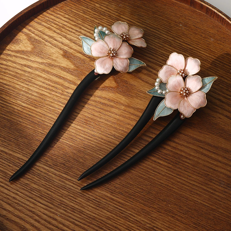 新中式花神蚕丝绒花檀木发钗原创手工掐丝绒花发簪汉服国风缠花簪