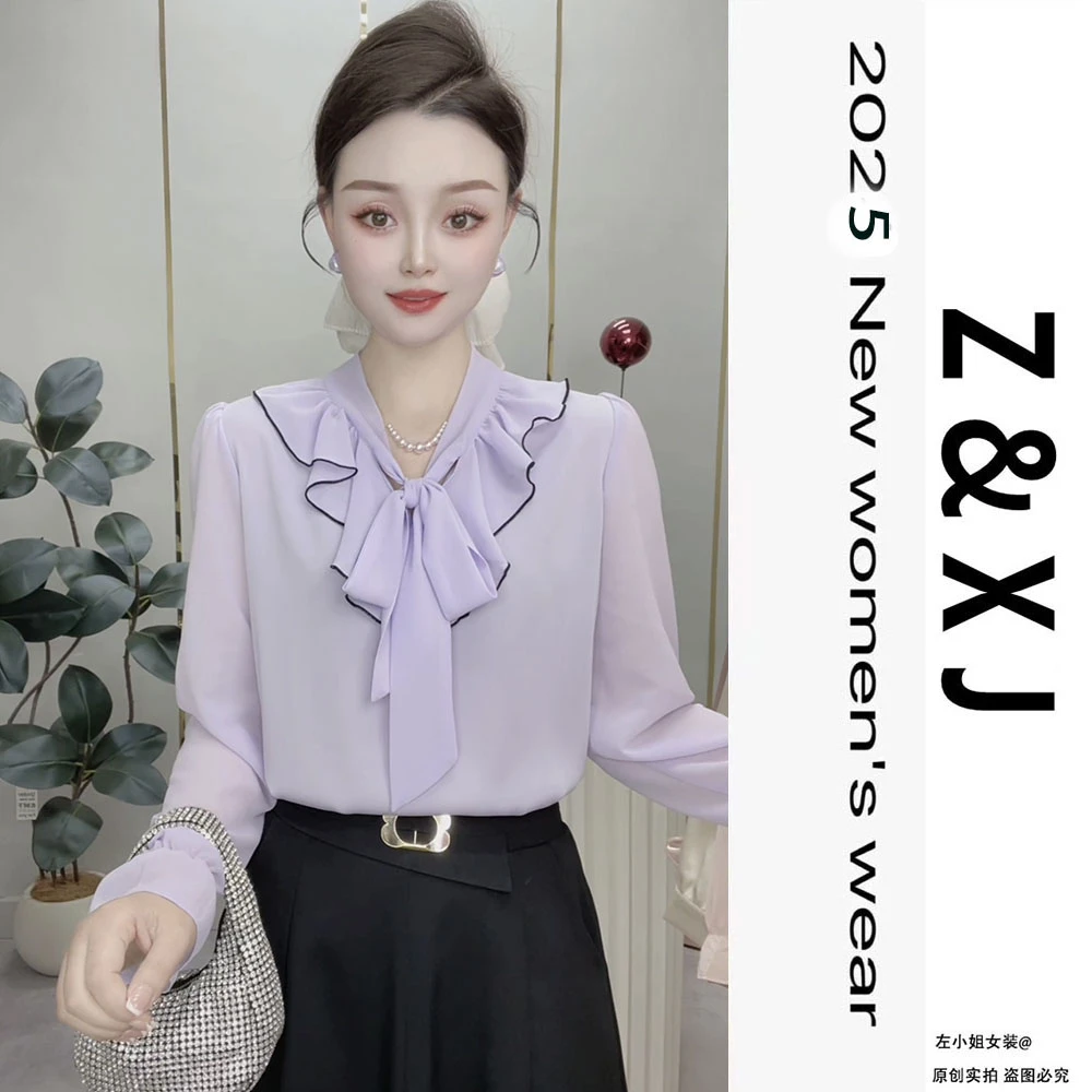 2025春季新款V领长袖衬衫百搭喇叭袖韩版设计感遮肉显瘦上衣