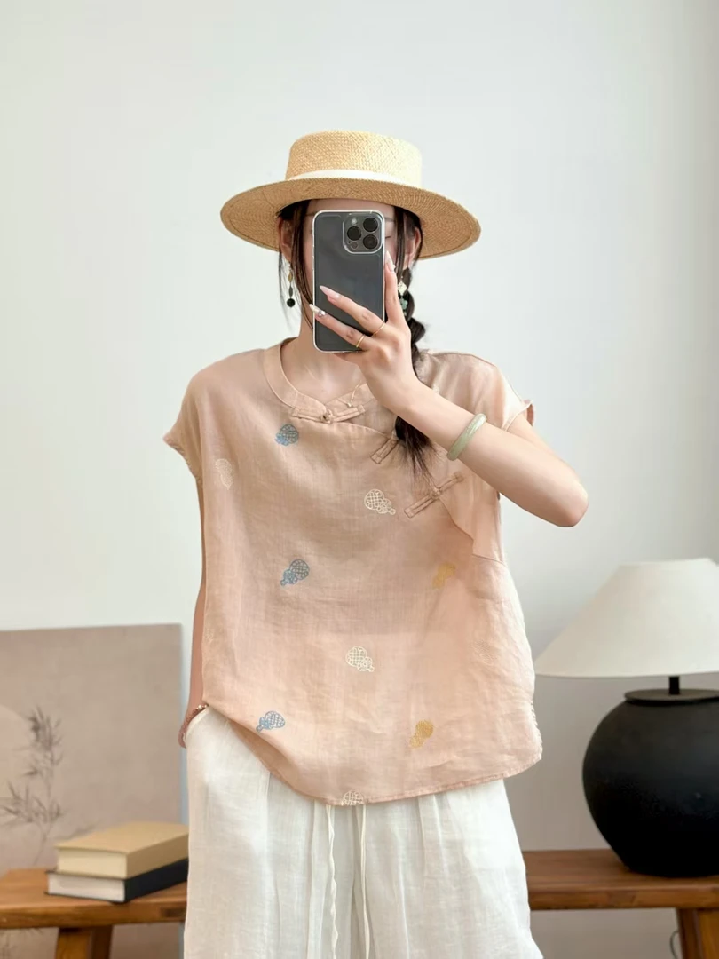 ’‘葫芦’‘1100%苎麻斜襟宽松文艺刺绣新中式夏季葫芦衬衫t恤小衫女