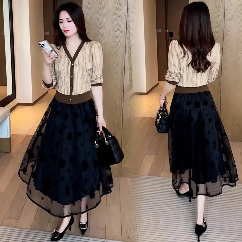 法式V领衬衫女2025春秋季新款洋气质宽松遮肚显瘦扎染打底上衣潮