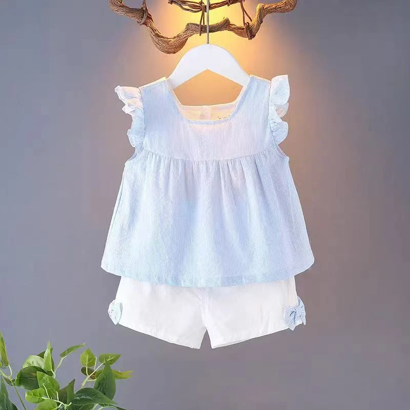 飞袖套头夏季女童条纹童装女宝薄款套装女休闲常规时尚两件套A-06