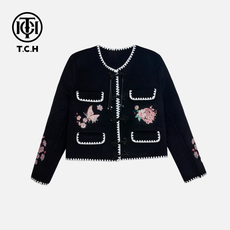 轻奢-TCH新中式烫钻花卉孔雀盘扣气质小香风羊毛外套女T72C276088