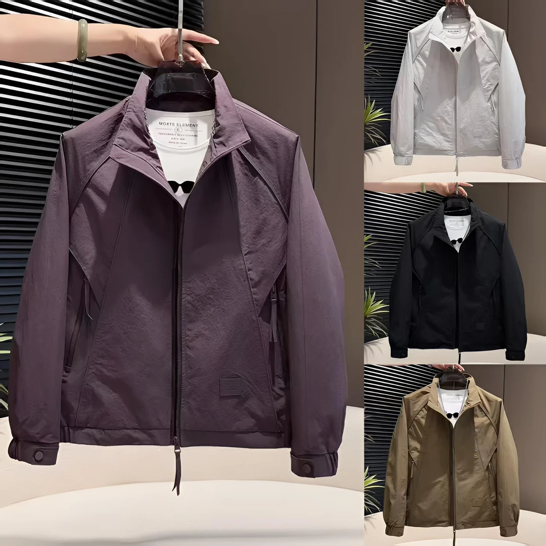 2025秋季新款百搭简约纯色立领夹克外套男士拼接休闲户外工装上衣