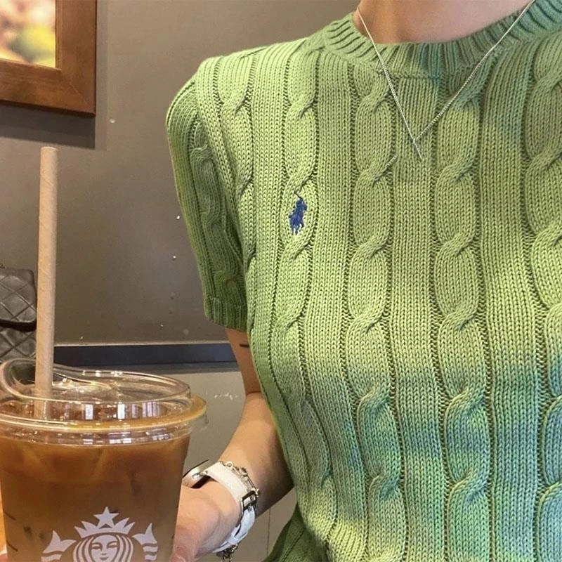 夏季穿搭系小马刺绣麻花毛衣短袖针织衫女上衣欧货爆款粉色T恤衫