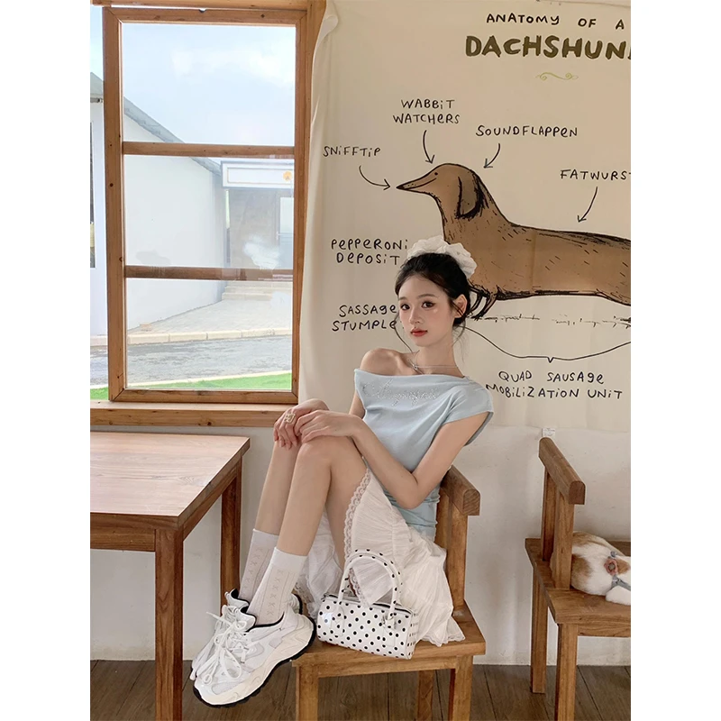 纯欲不规则斜肩短袖t恤露肩扭结一字肩上衣半身裙a字裙短裙半裙子