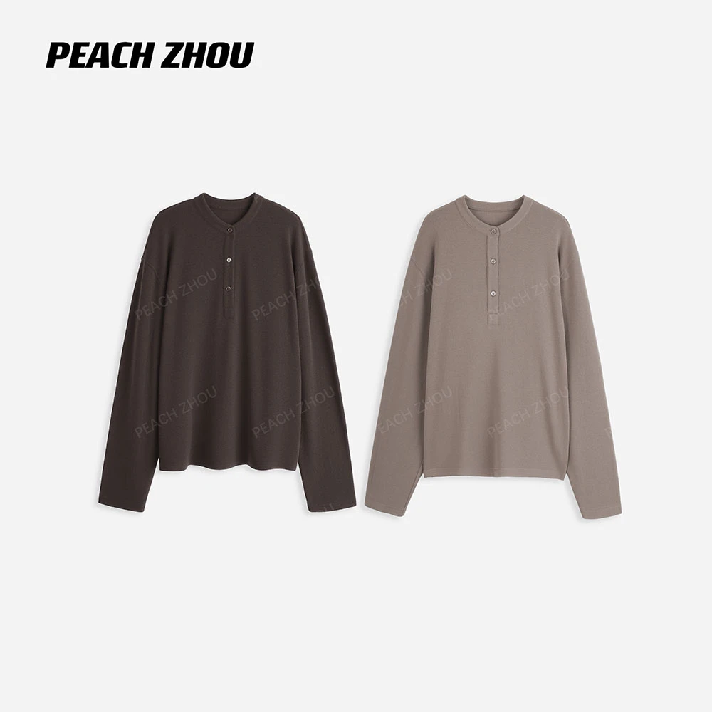 『PEACHZHOU』软糯慕斯洋绒抓毛宽松半系扣圆领长袖基础纯色打底T恤