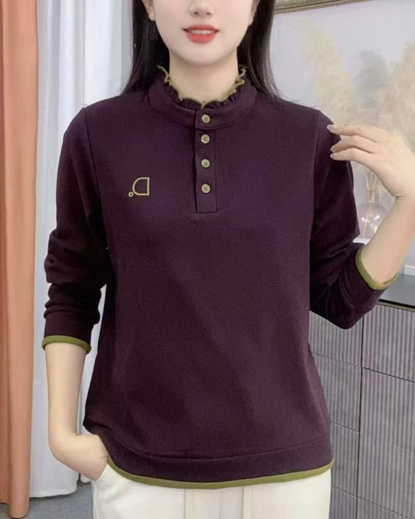 秋冬时尚百搭双面奥绒保暖上衣刺绣打底衫