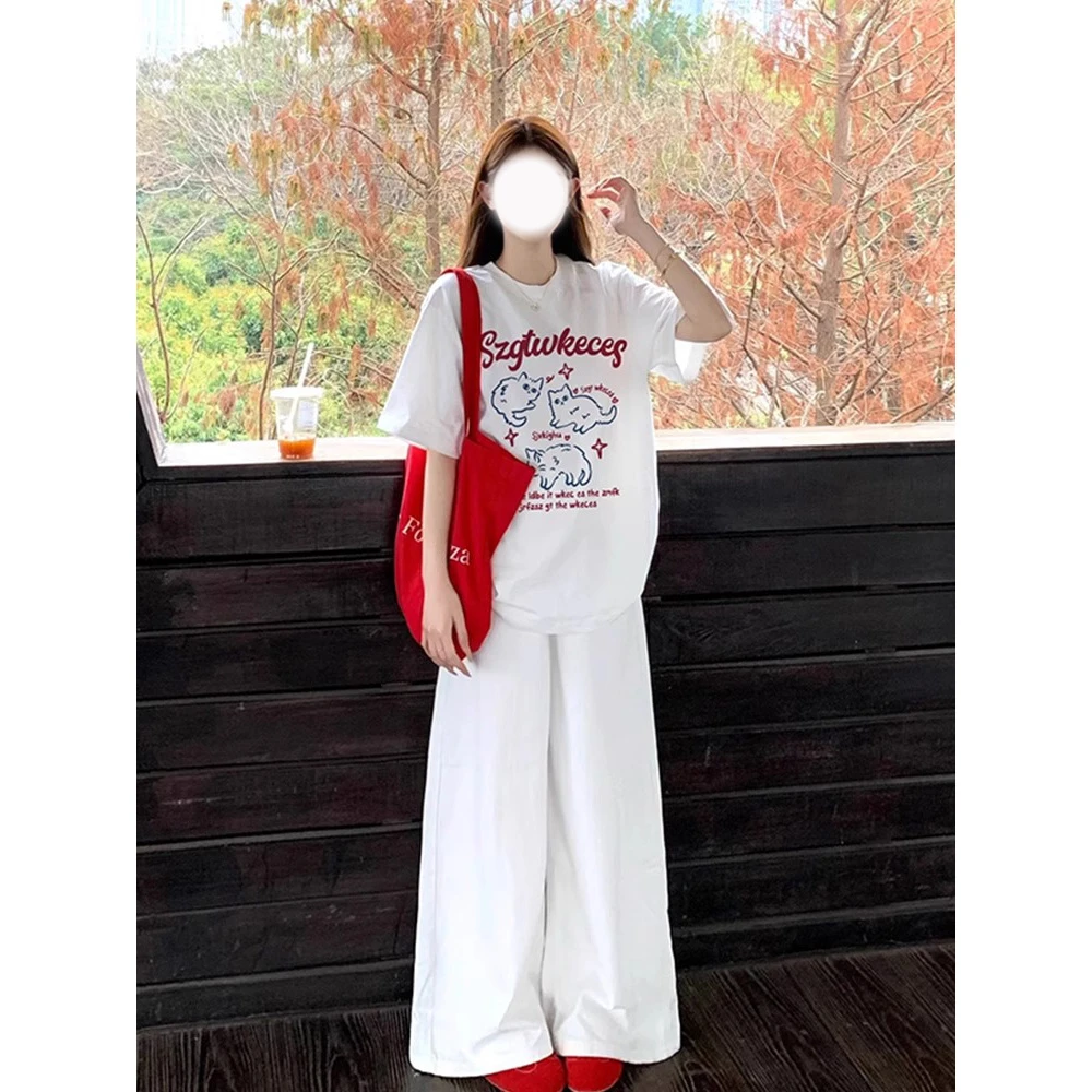 纯棉重磅趣味猫咪印花圆领短袖t恤女夏季宽松韩系chic半袖上衣服