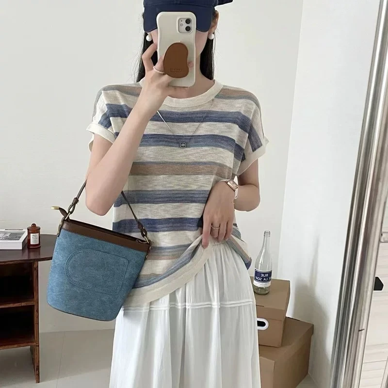 针织INS风条纹t恤百搭短裤阔腿裤时尚套装辣妹风韩版轻熟风