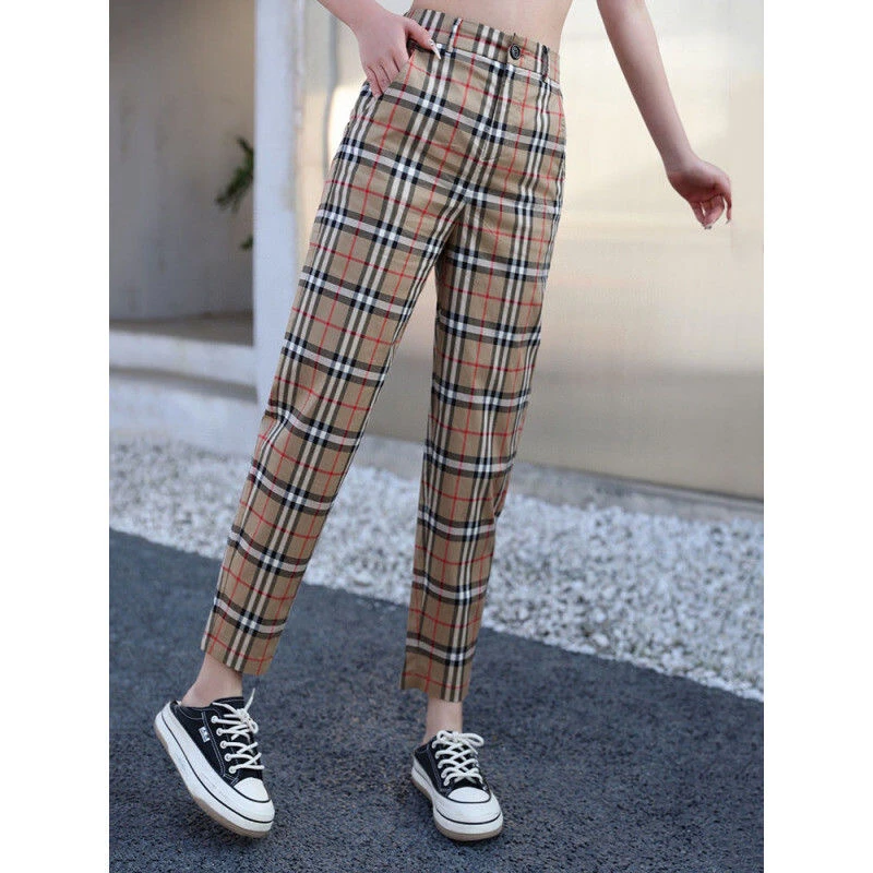 新款纯棉对格有后兜松紧腰小西裤