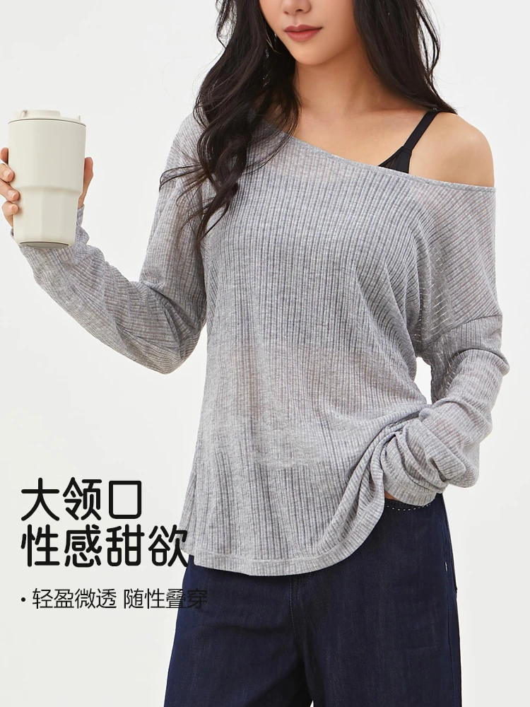休闲显瘦轻薄宽松长袖罩衫大领口时尚性感一字肩瑜伽T