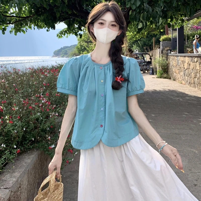 YF泡泡袖短袖衬衫女夏季新款温柔甜美休闲百搭彩色扣子短袖女2334