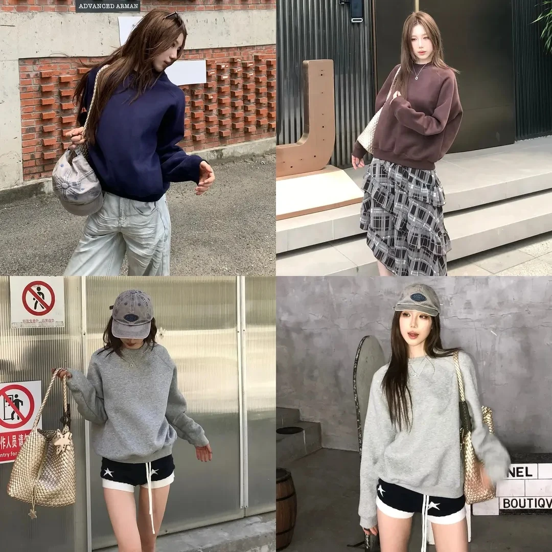 ins风春秋简约百搭圆领基础套头拼接落肩慵懒卫衣男女宽松打底衫