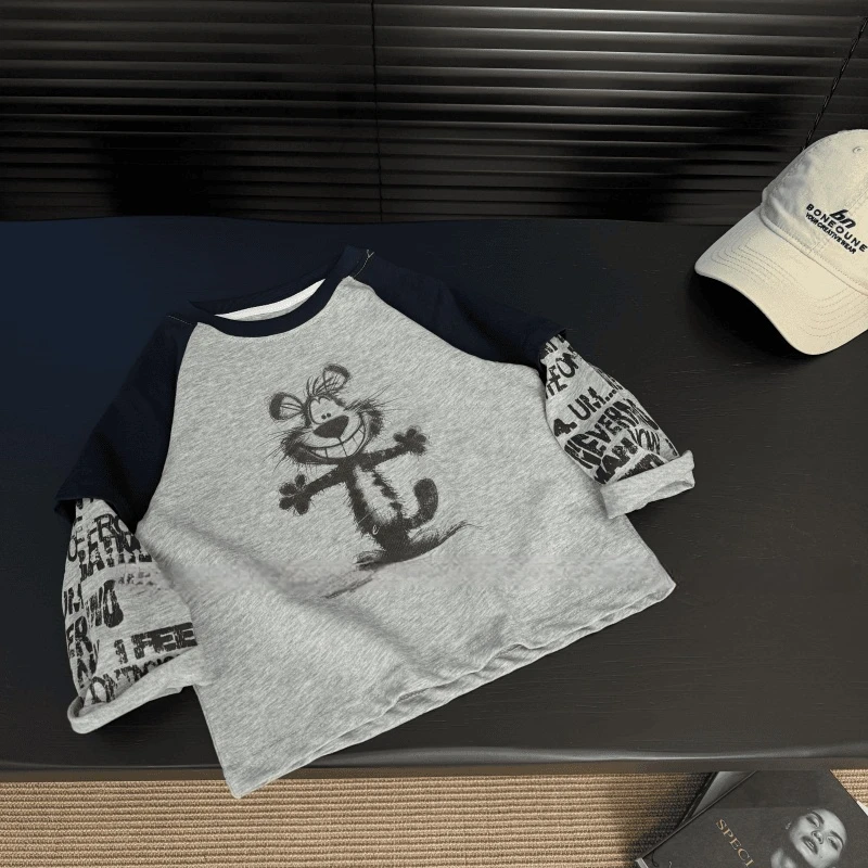 2025新款秋季儿童韩版拼接长袖T恤宝宝秋装休闲假两件宽松时尚