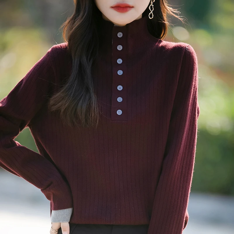 鄂尔多斯市秋装羊毛衫女春秋新款翻领针织上衣气质时尚打底毛衣女