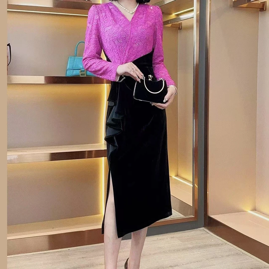 【香舍菲尔】[菜菜]气质修身收腰蕾丝拼接不规则开叉连衣裙-82393