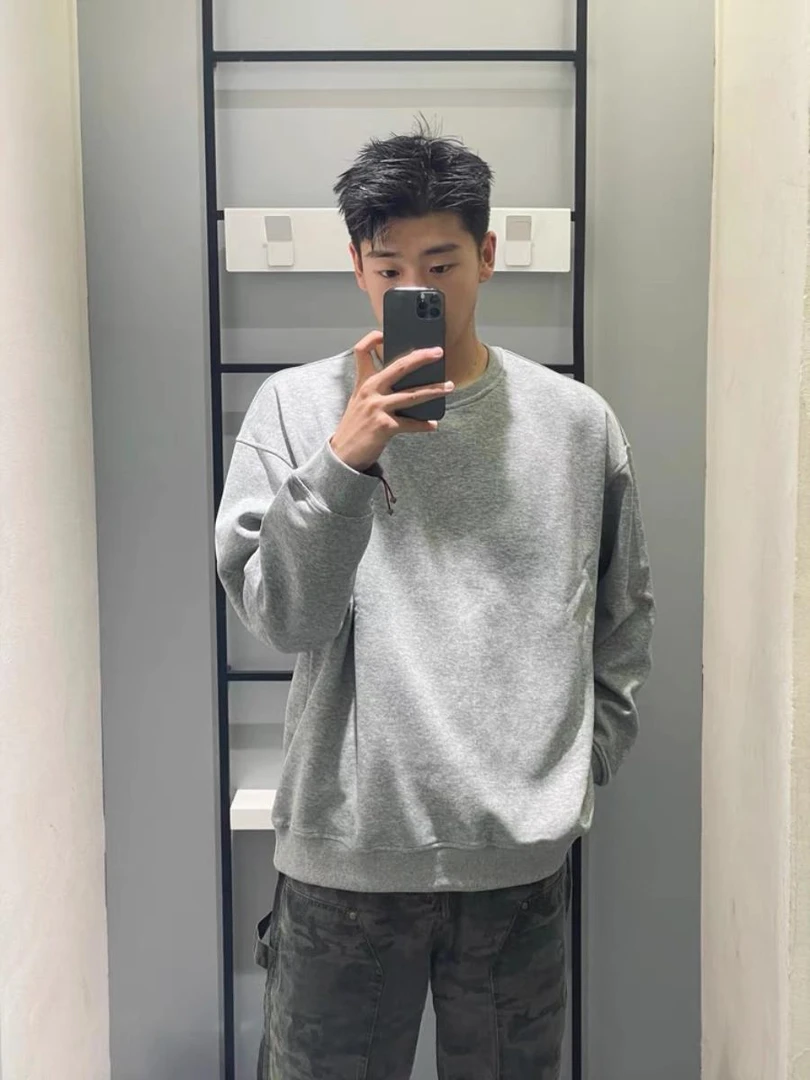 美式420g重磅加绒加厚灰色卫衣男宽松圆领秋冬纯色百搭厚实打底衫