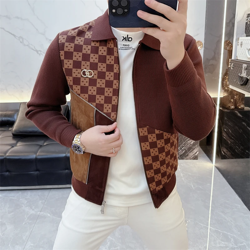 冰希设计款.高端欧货男士翻领夹克帅气拼色针织外套2025秋冬新款