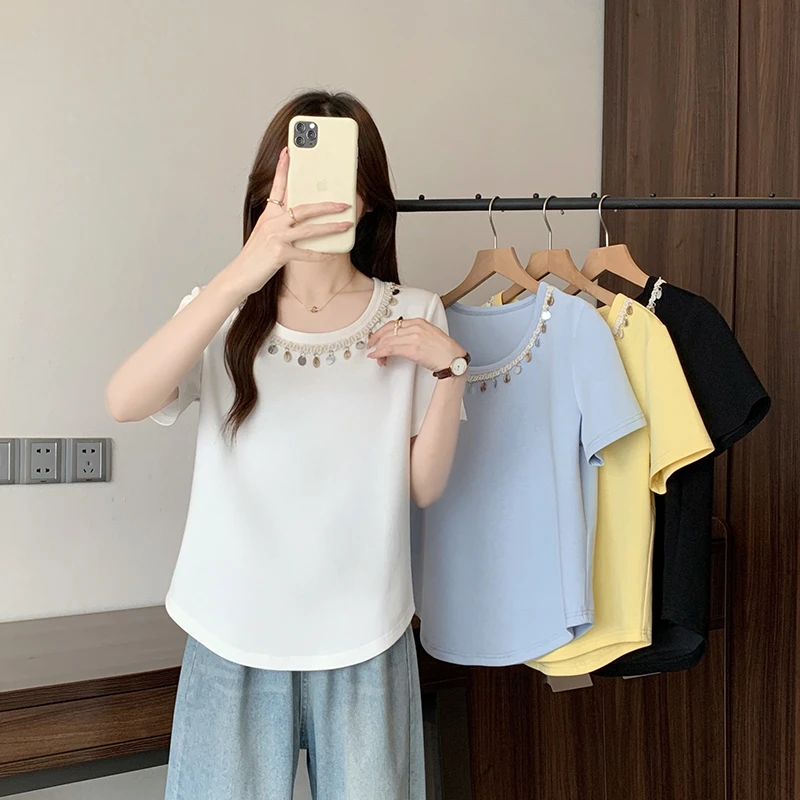 2025夏装新款胖mm大码女韩系甜美流苏贝壳弧形短袖T恤35086