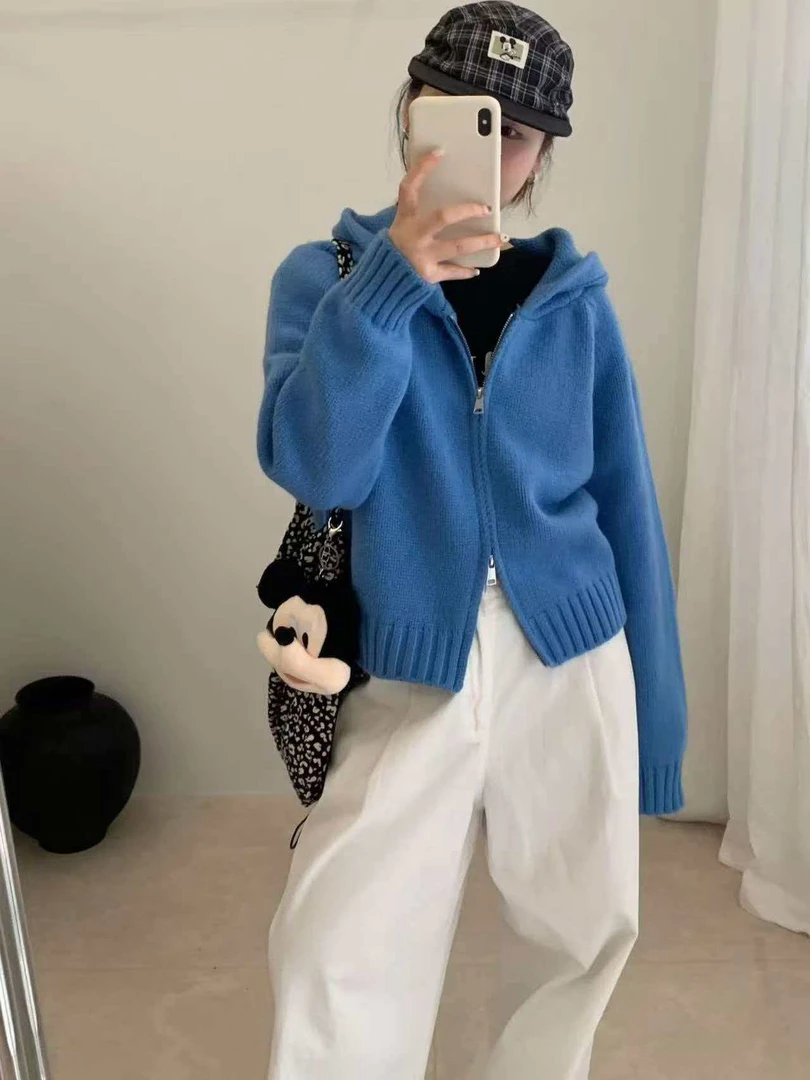 5932 秋冬女士连帽慵懒风拉链开衫 F203