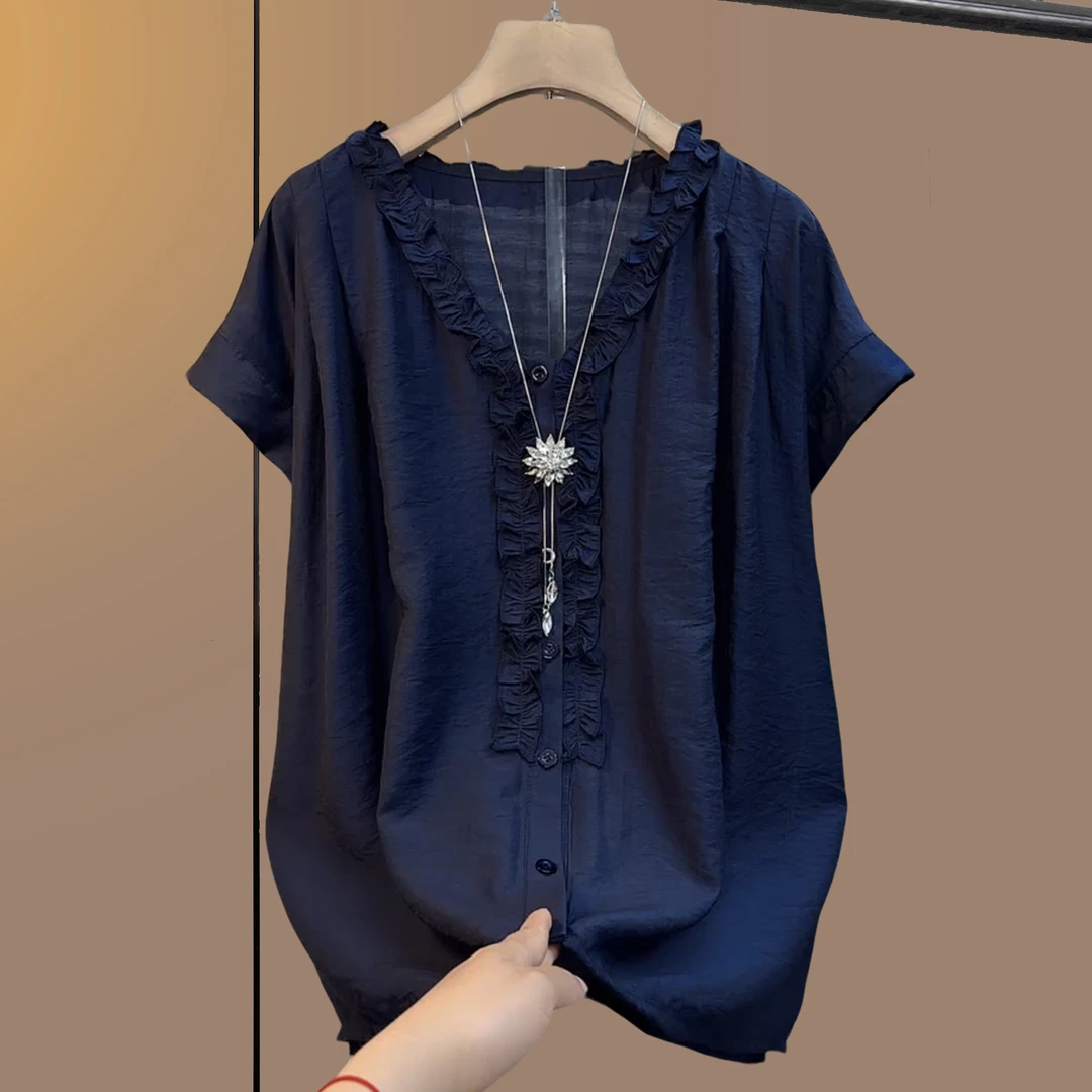 大码女装胖妹妹夏季薄款成人衬衫木耳边显瘦韩版v领气质百搭短袖