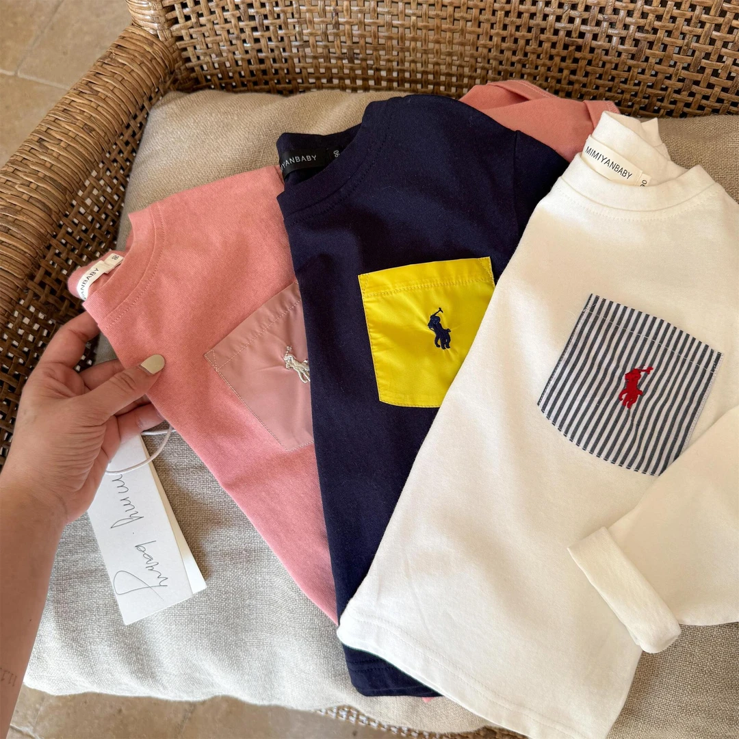 儿童长袖T恤2025春季新品男女童撞色口袋打底衫宝宝百搭T恤衫潮