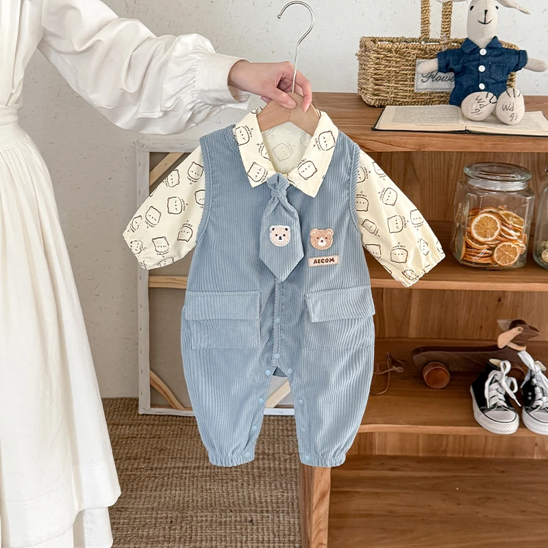 婴幼儿2025秋装背带裤两件套新生儿春秋款男女宝校园风哈衣套装