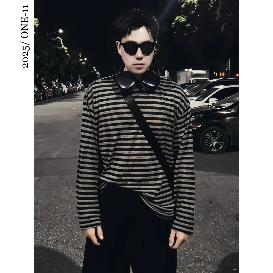 慵懒感复古黑灰条纹长袖T恤男女夏季宽松小领口男友风风罩衫防晒
