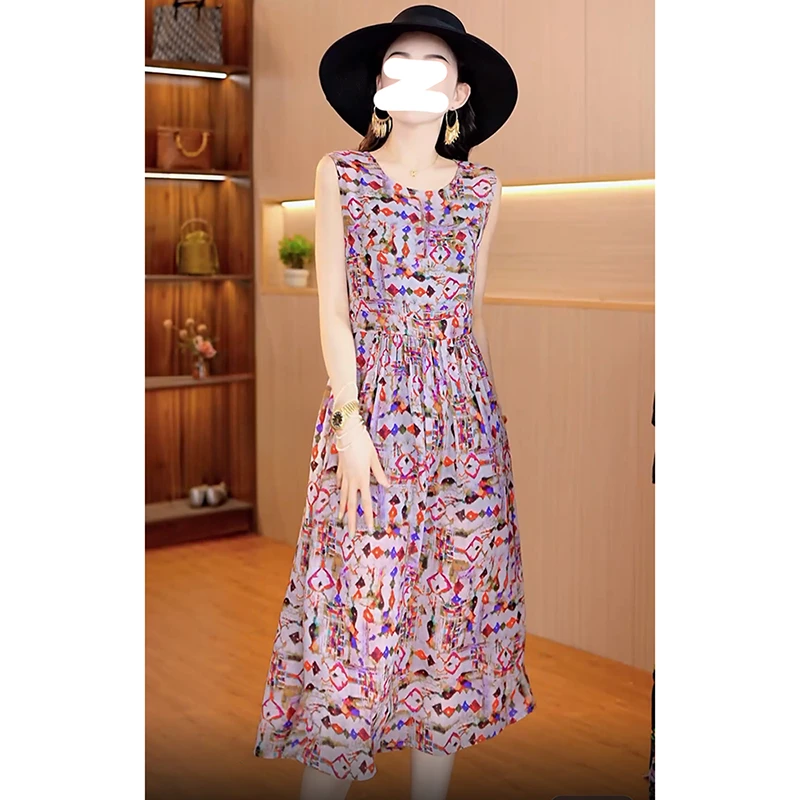 欧若风无袖碎花连衣裙女2025夏季新款高端大气收腰显瘦小个子长裙