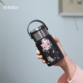 宜兴紫砂石黄直筒手绘海棠花 紫砂杯车载杯 无杯套