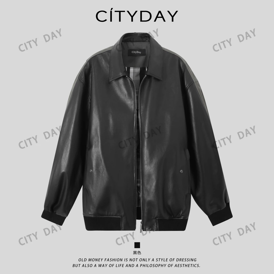 CityDay【灰叔】 “双子座”极简翻领拼接头层绵羊皮皮衣夹克 8572
