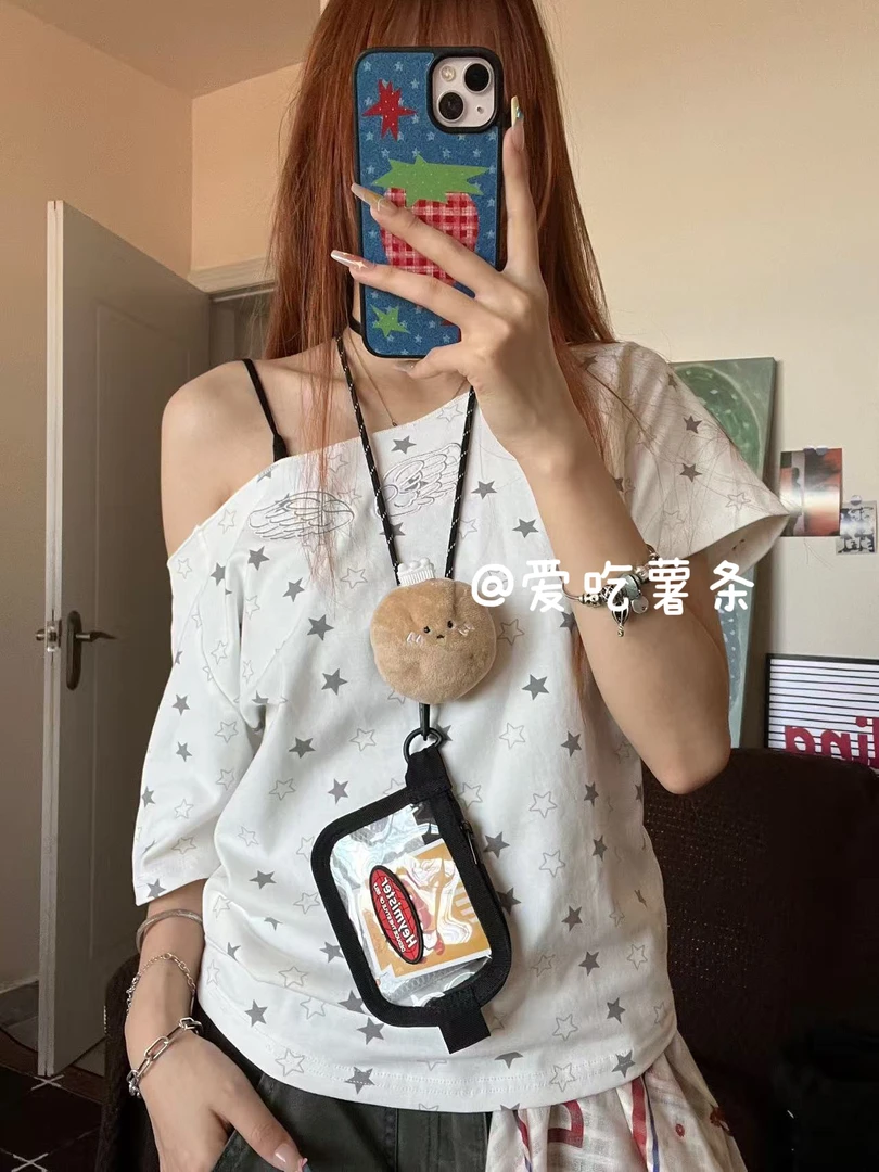 爱吃薯条【星星翅膀】美式复古休闲百搭翅膀刺绣斜肩夏季穿搭短袖