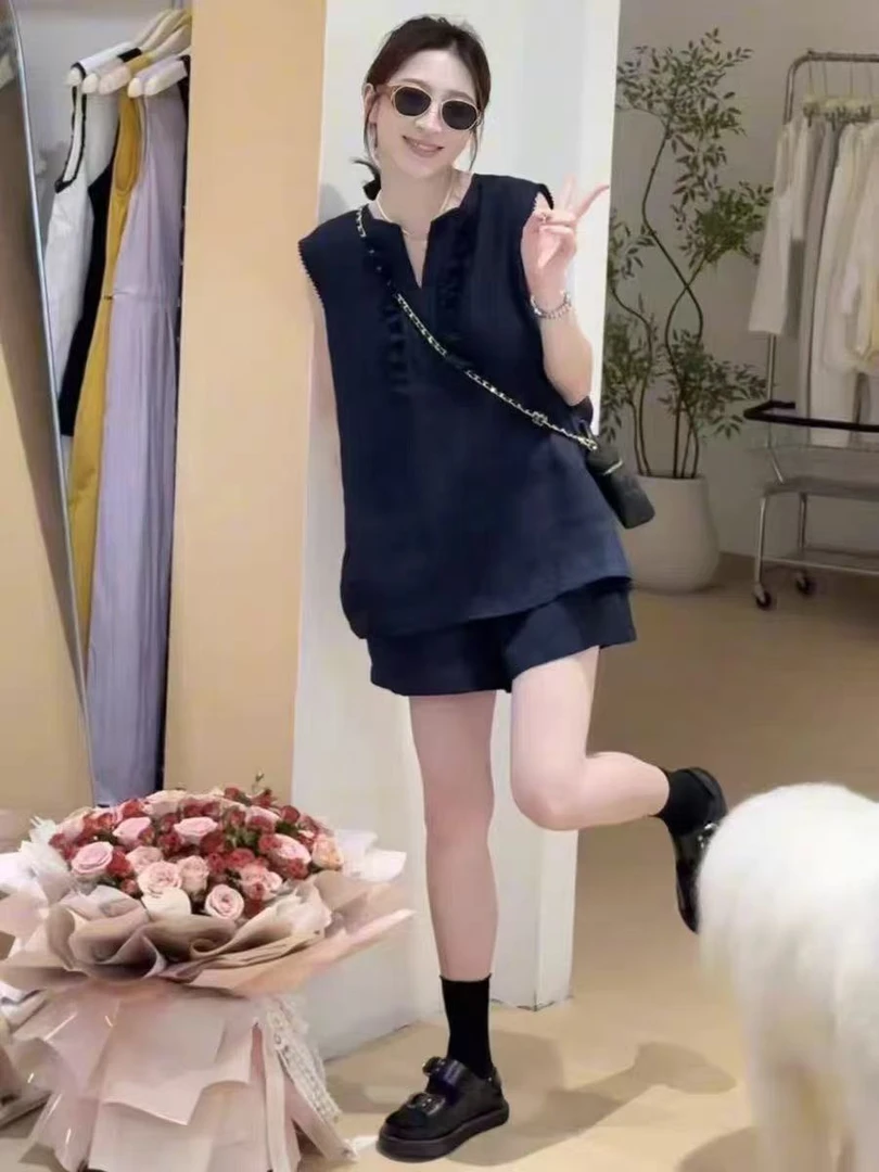韩系立体流苏v领无袖背心衬衫高腰休闲短裤2025夏季宽松两件套