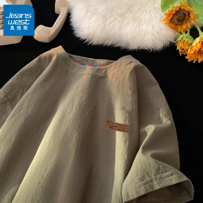 真维斯日系潮流短袖T恤男士夏季新款宽松大码百搭圆领半袖上衣男