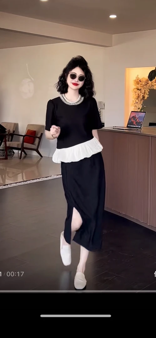 夏季女士时尚拼接花边不规则减龄收腰通勤套装