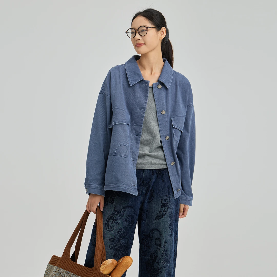 WUSEWUWEI/无色无味【栾树果】牛仔棉设计感贴袋翻领短款长袖外套