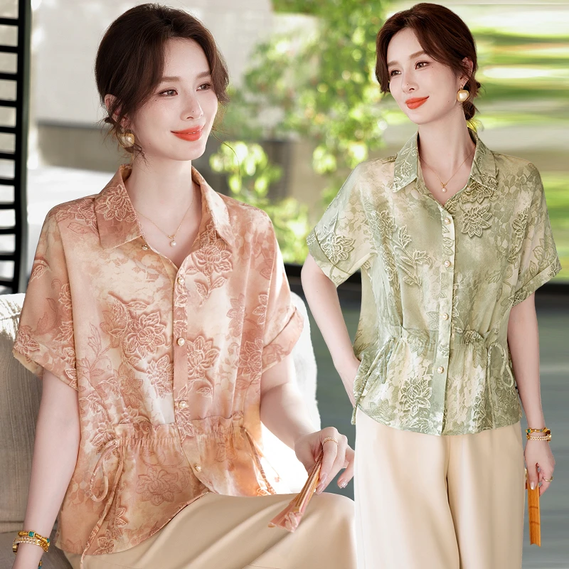 洋气妈妈夏装短袖时尚衬衣中老年女装印花显瘦衬衫母亲节两件套装