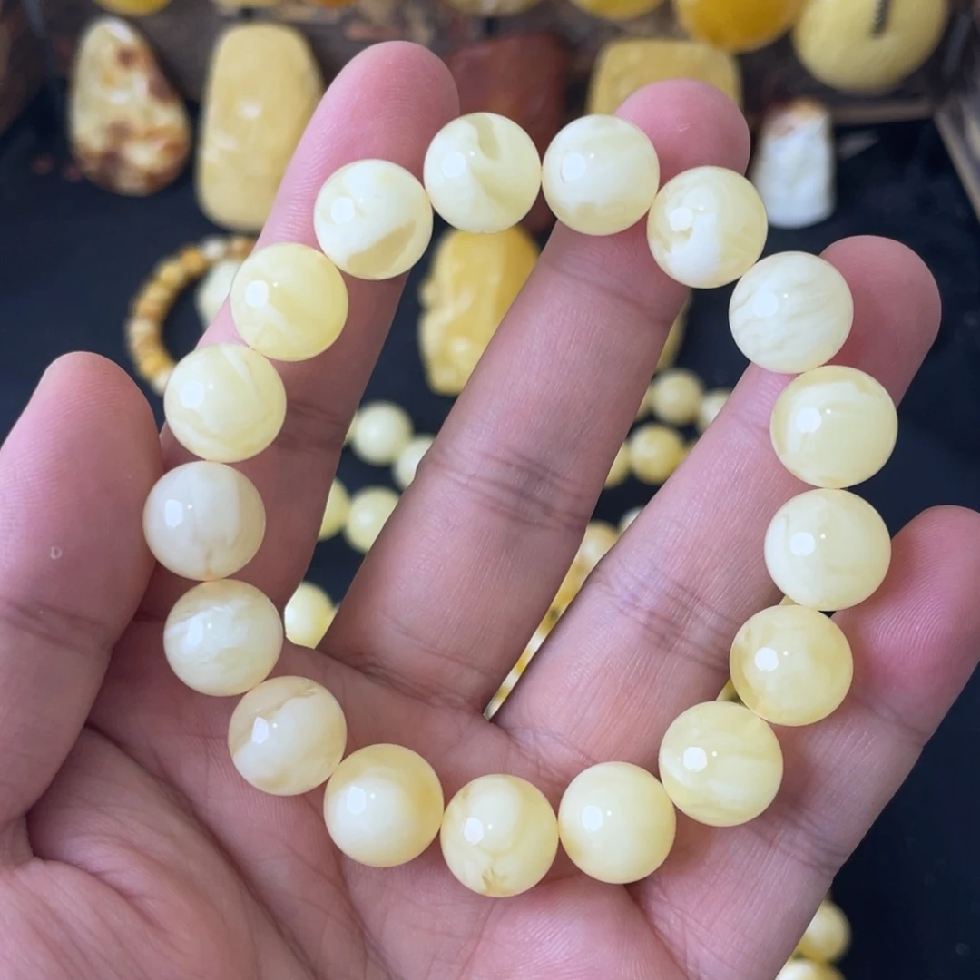 琥珀未镶嵌手串12+妖白花圆珠手串