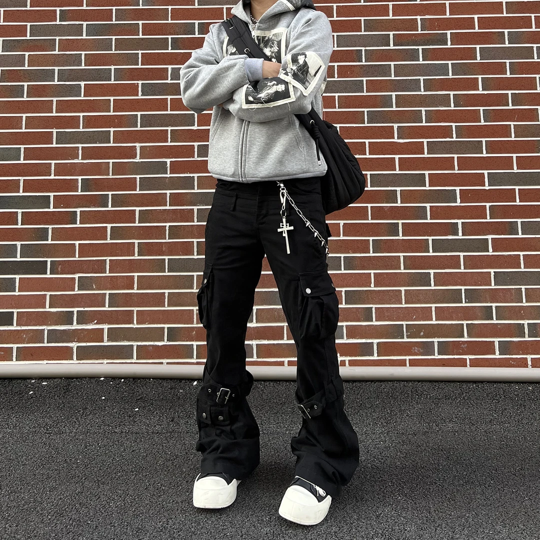 美式高街vibe风绑带多口袋工装牛仔裤男重磅设计感双腰头微喇长裤