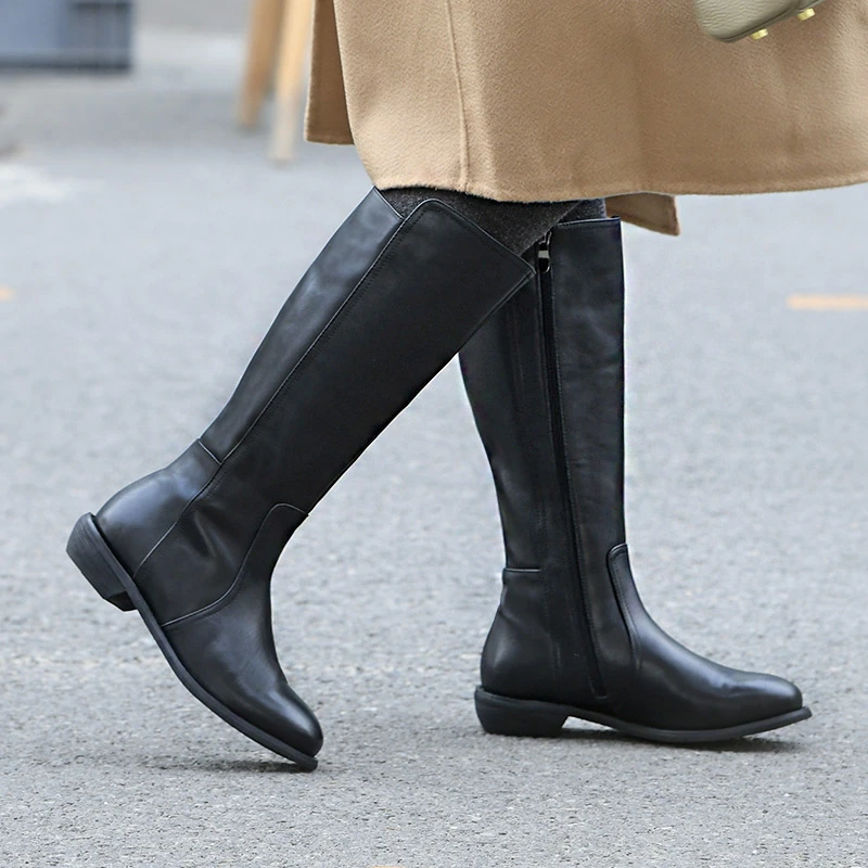 真皮秋冬时尚高筒靴粗跟骑士靴侧拉链长靴大筒围大码女靴41到43码
