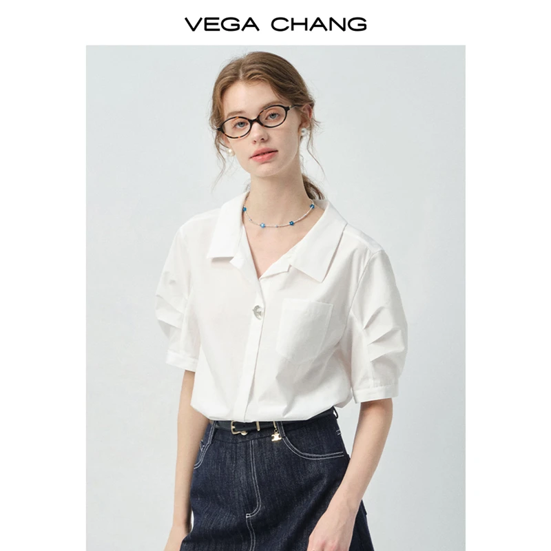 VEGA CHANG衬衫女2025新款夏季百搭飞鸟纽扣翻领短袖衬衣0414LW