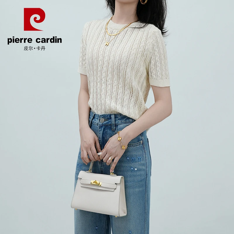 皮尔卡丹 7389#chic风春夏甜美气质圆领麻纯色设计感休闲针织衫女