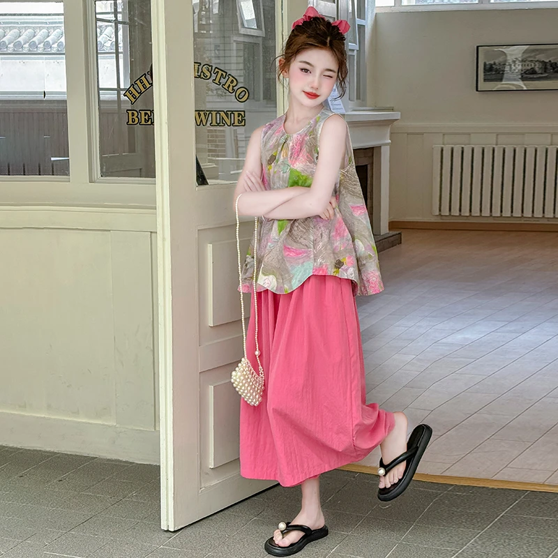 女童夏季套装2025新款洋气大童无袖背心儿童夏装阔腿裤时髦两件套