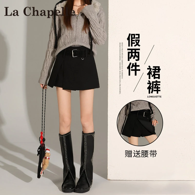 拉夏贝尔毛呢开叉短裙裤女冬辣妹设计感显瘦a字半身裙防走光短裙