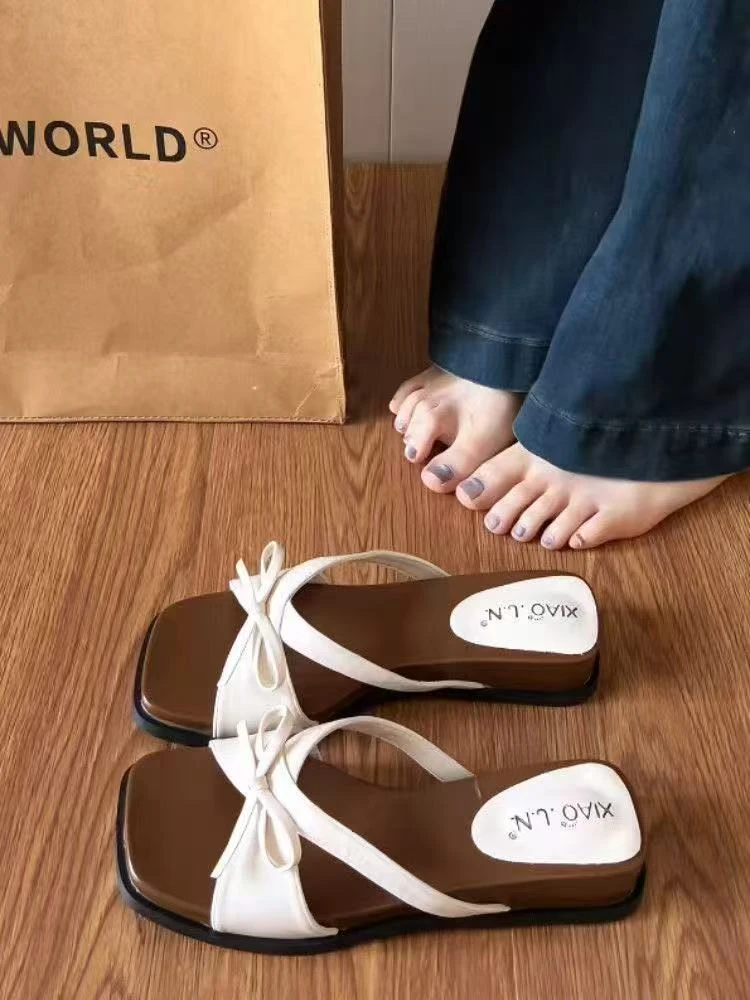 鞋子法式纯色蝴蝶结坡跟韩版一字带凉鞋半拖百搭网红时尚夏季软底