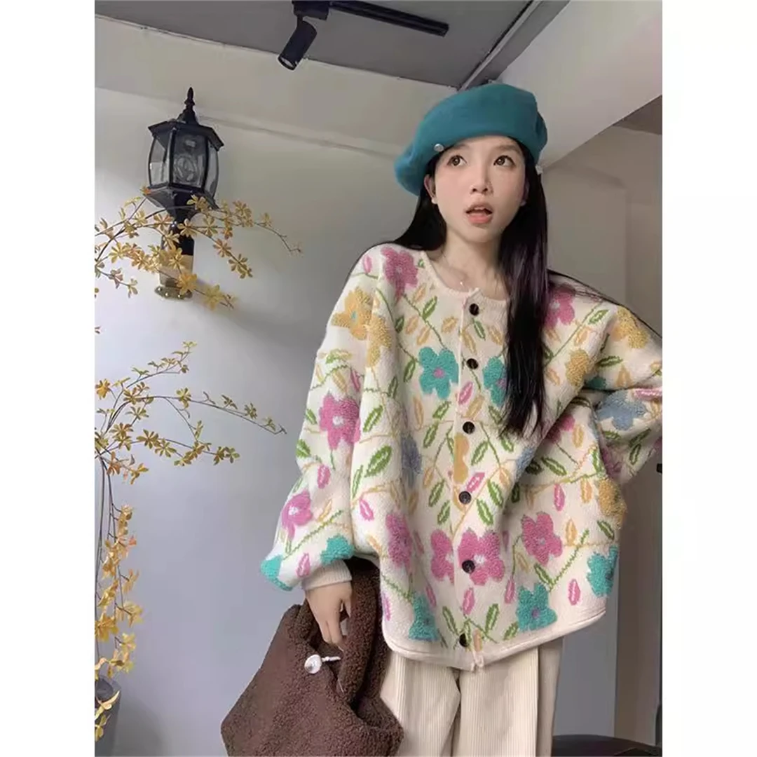 大码胖MM甜美花朵超好看毛衣外套女秋冬韩版宽松显瘦遮肚针织开衫