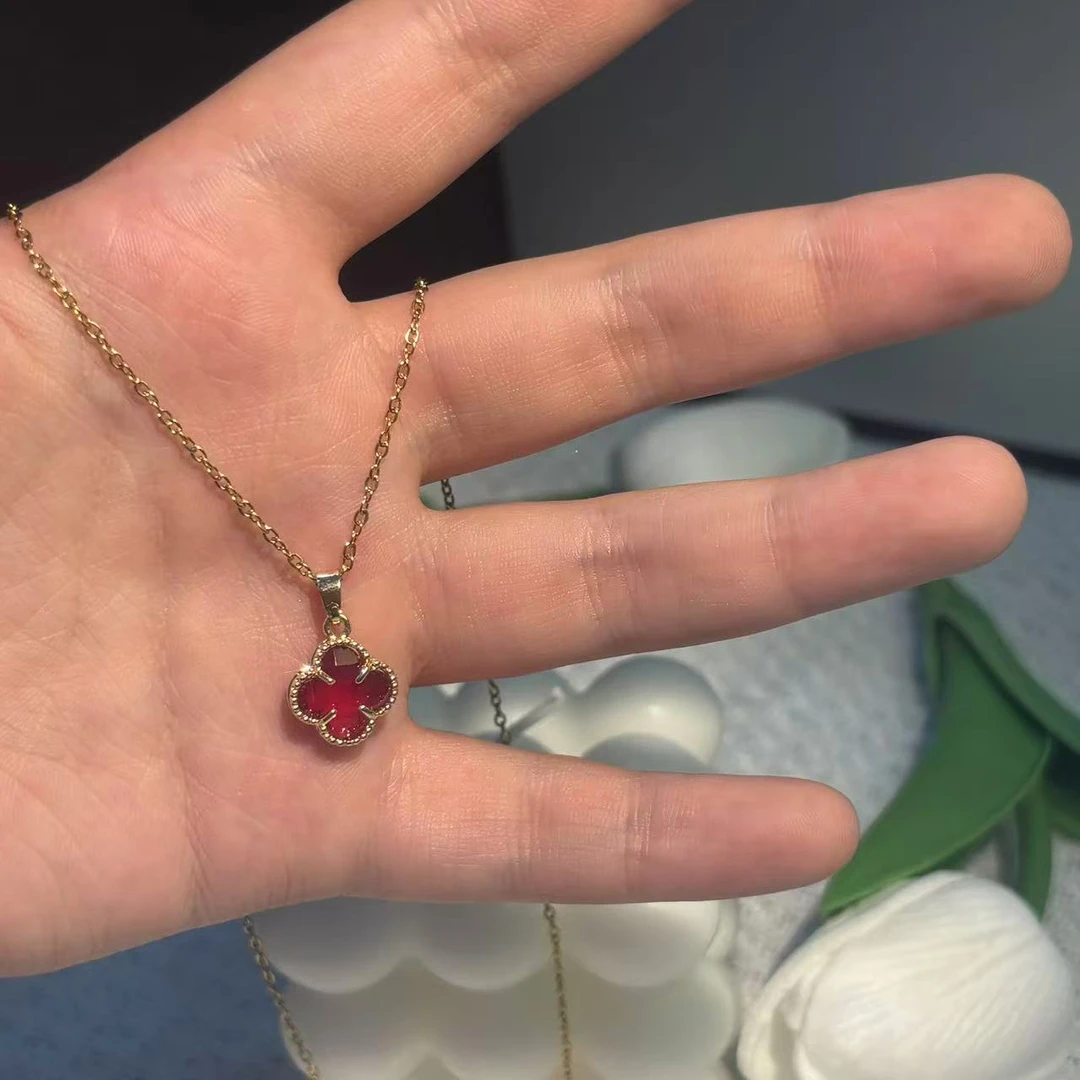 合金项链 金色项链气质轻奢时尚红色双面镶嵌坠链素款