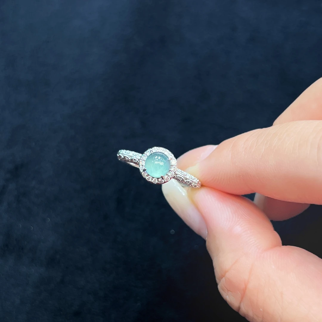 【金旭上成】天然翡翠A货蓝水蛋面戒指开口戒  轻奢多样性发一件